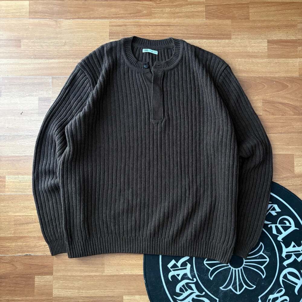 Zara Men's Textured Brown Henley Knit Sweater